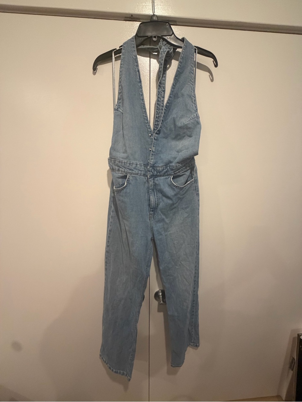 ZARA Light Wash Denim Halter Jumpsuit Open Back Wide Leg Size Small